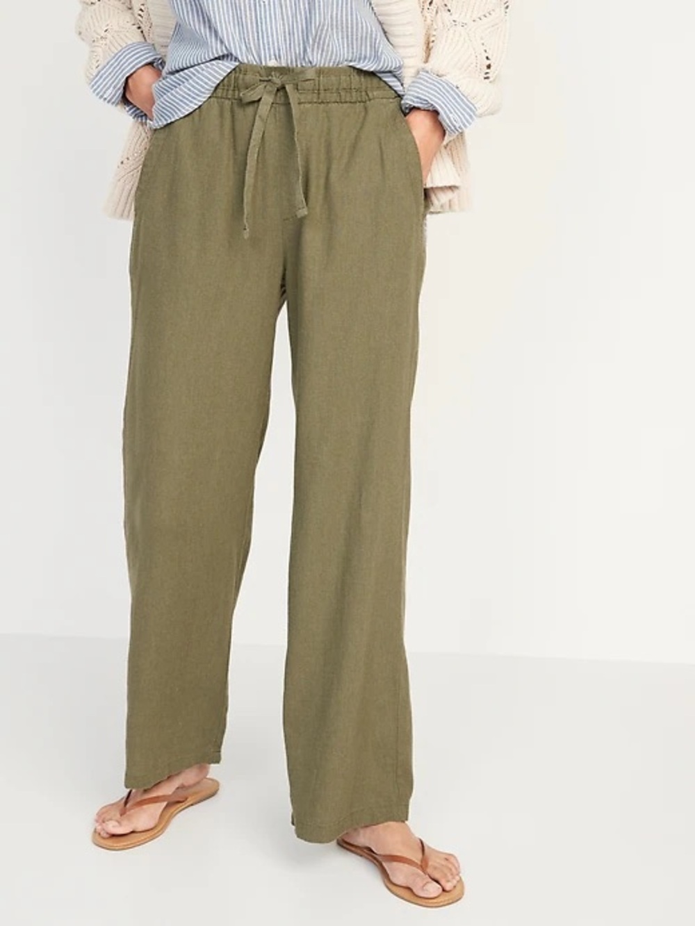 Olive Drawstring Wide-Leg Linen Pants